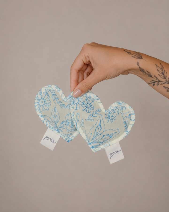 Periwinkle Cove heart weighted sensory fidgets with blue floral print, set of two
