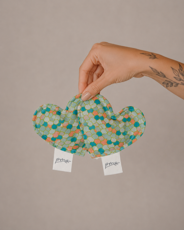 Mermaid heart weighted sensory fidgets with teal and coral scale print, set of two