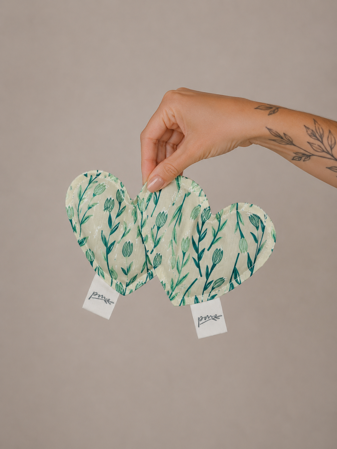 Seagrass heart weighted sensory fidgets with green botanical print, set of two