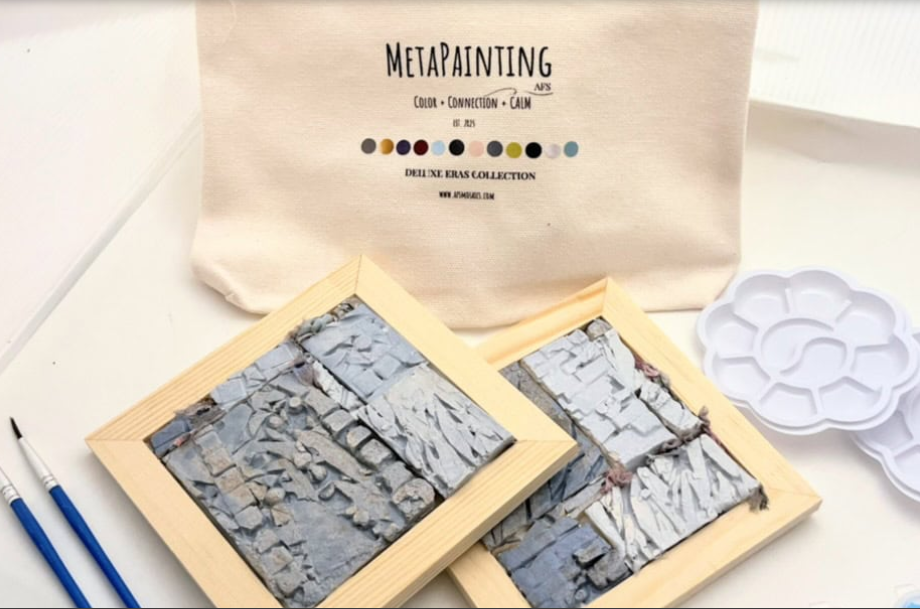 MetaPainting mindful painting kit by AFS Mosaics with framed hand-cast tiles, brushes, palettes and zip pouch, part of the Color and Calm set